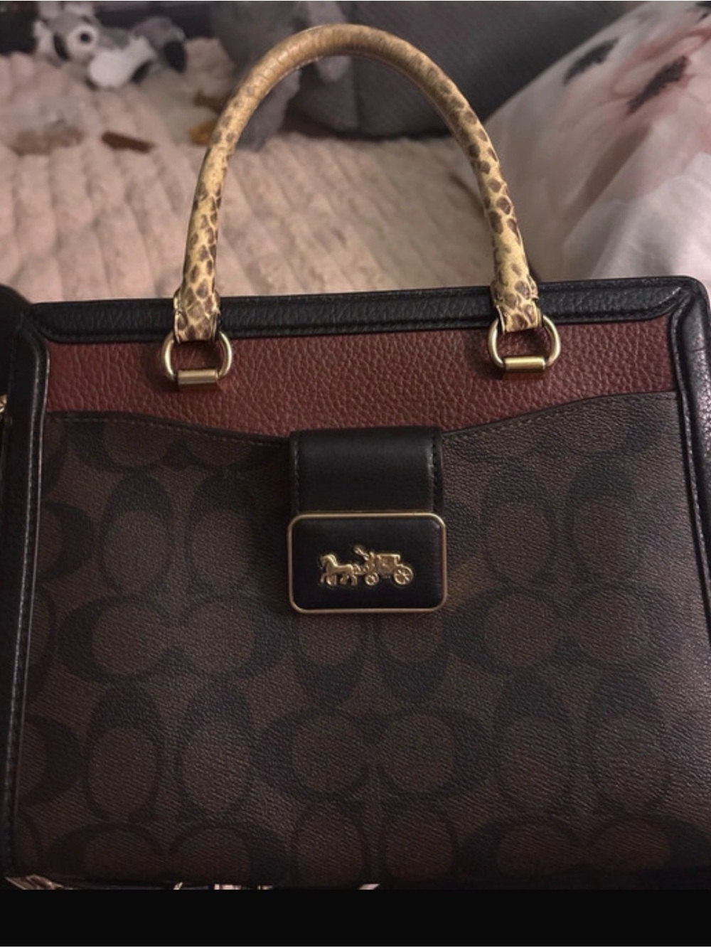 Coach Brown Signature Satchel with Snake-Print Handle and Mahogany Trim